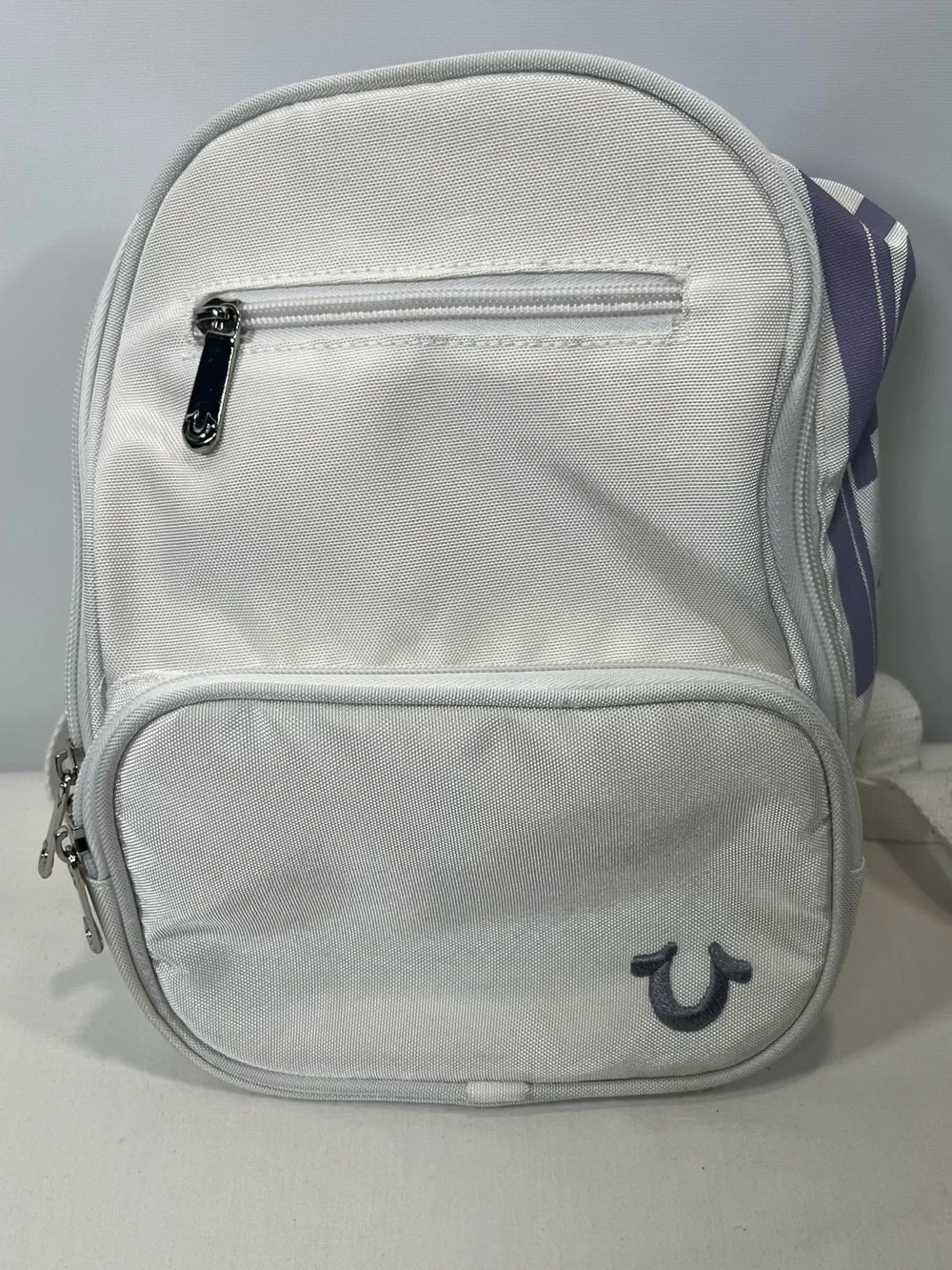RARE True Religion Y2K Vibe Mini Backpack-Gray logo Purple Star Daypack- Flaws